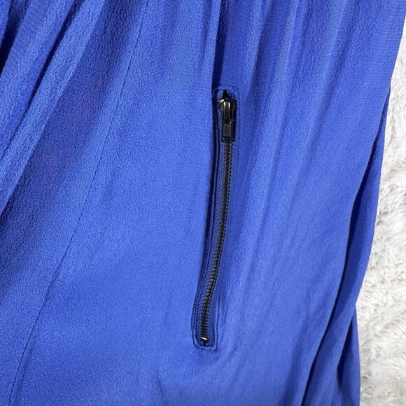 Anthropologie Maeve Dress L Lene Crepe Faux Wrap Pockets Blue Roll Tab Sleeve - Picture 10 of 15